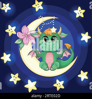 Ein süßer, karikaturgrüner Drache sitzt auf dem Mond. Tier auf dunkelblauem Hintergrund mit Wolken und Sternen. Jahr 2024 Chinesischer Kalender. Stock Vektor