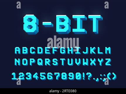 8-Bit-Retro-Game-Neonschrift oder -Schrift mit Buchstaben, Zahlen, Ziffern und Symbolen. Vektorblau leuchtendes Alphabet und Satzzeichen. Pixelized abc Großbuchstaben, Zeichen im Retro-Stil isoliert Set Stock Vektor