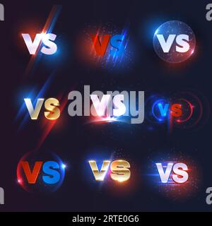 Vektorsymbole für Sportwettbewerbe, Symbole für Kampf, Kampf, Teamherausforderung und Boxduell. Rote, blaue, weiße und goldene VS-Embleme mit Neonlichtern, leuchtenden Linien und Funkeln Stock Vektor