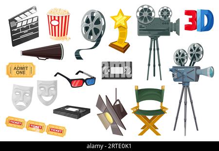 Kinovektor-Ikonen mit Cartoon-Filmkamera, Filmrolle und Videoband, Popcorn, 3D-Brille, Tickets und Filmregisseurstuhl, Theatermasken, Clapperboard und Megaphon. Design der Unterhaltungsbranche Stock Vektor