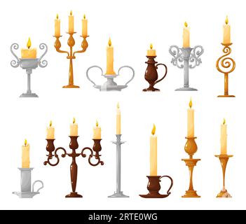 Kerzenhalter mit brennenden Kerzen Cartoon Vektor-Ikonen. Kerzenhalter und Vintage-Kandelaber mit geschmolzenem Wachs und Feuerflamme isolierte Symbole für Weihnachten und Halloween Feiertagsfeier Design Stock Vektor