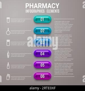 Apotheken-Vektor-Infografiken helfen bei Schritt-Chart mit 3D-Pillen oder Kapseln. Healthcare Medical Graph mit Spritze, Spritze, Medikamentenflaschen und Röhrchen lineare Symbole. Gesundheit, Medizin, Wissenschaft Forschung Design Stock Vektor