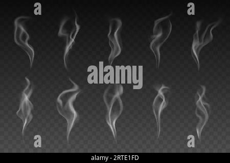 Rauch- oder dampfisolierter Vektorsatz. Weißer Rauch von Zigaretten, Dampfwellen oder heißen Speisen oder Getränken auf transparentem Hintergrund. Magische Dunst- oder Dampfstruktur, Rauch von Wasserpfeife, realistisches 3D-Modell, Elemente Stock Vektor
