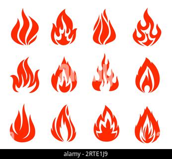 Feuer, Lagerfeuer-Vektorsymbole, Fackelflamme, rot brennende Lagerfeuer-Flammen-Symbole. Glühendes, leuchtendes Flare mit langen, wellenförmigen Zungen. Dekorative Elemente für Design, Comic-Zündzangen isoliertes Set Stock Vektor