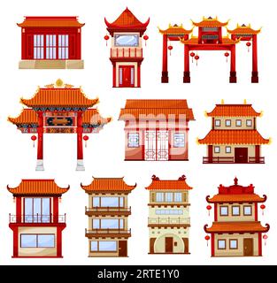 Chinesische Gebäude, Tempelarchitektur. Traditionelle chinatadt mit Pagode und Tor, dekoriert mit roten festlichen Laternen aus Papier. Alte asiatische Architektur, Gebäude Fassaden Außendesign Stock Vektor