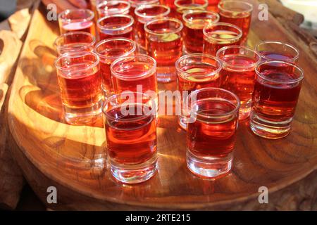 Rotes Getränk, Saft, Tinktur, Alkohol in kleinen Gläsern, Gläser. Alkoholische Getränke Alkoholismus hausgemachter Alkohol behandelt Traditionen Stockfoto