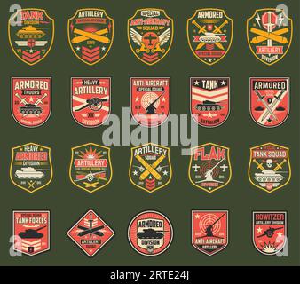 US-Militär-Chevrons Vektorsymbole, Streifen für Panzerdivision, Artillerie- und Flugabwehrtruppe, gepanzerte Truppen, Flak und Haubitze. Isolierte US-Armee-Insignien mit Panzern, Kanonen oder Schwertern Stock Vektor