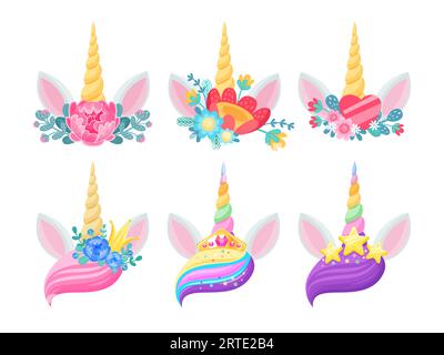 Einhornhorn, Ohren und Blumen isolierte Vektor-Design von magischen Pferdetierköpfen mit verdrehten Hörnern, goldenen Kronen und Sternen, Herzen, Regenbogenpflöckchen und Blumenkränzen. Einladung zur Hochzeit oder Kinderparty Stock Vektor