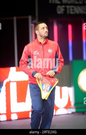 Valencia, Spanien. September 2023. Viktor Troicki, Kapitän von Serbien in Aktion während des DAVIS CUP von Rakuten im Pabellon Municipal de Fuente San Luis (Valencia, DAVIS CUP von Rakuten). (Foto: German Vidal/SIPA USA) Credit: SIPA USA/Alamy Live News Stockfoto