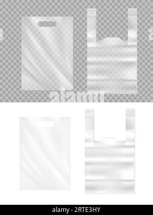 Realistische Plastiktüten 3D-Vektor-Modell. Transparente Polyethylen-Verpackungen mit Griff für Produkte oder Abfall isoliert auf weißem Hintergrund. Realistische leere Verpackung, Supermarkt-Tragetaschen von oben Stock Vektor