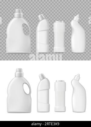 Reinigungs- und Reinigungsflaschen, die 3D-Vektor-Modell verpacken. Realistische leere Kunststoffverpackungen, weiße Haushaltschemikalienröhrchen mit Flüssigseife, Fleckenentferner, Wäschebleichmittel oder isoliertes Reinigungsset Stock Vektor