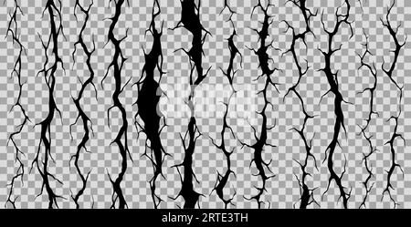 Nahtlose gebrochene Wandrisse, Risse und Knicke. Vektor-Erdbeben-Risslöcher, realistische 3D-Ruine Oberfläche. Zerstörung, Schadensrisseffekt nach Katastrophe isoliert auf transparentem Hintergrund Stock Vektor