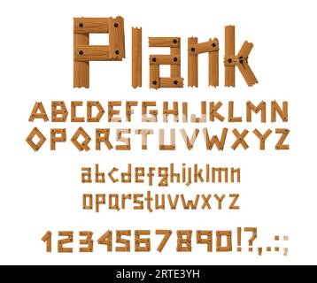 Holzplanken Schriftzeichen, Ziffern und Symbole, Vektor-Zeichentrick-Alphabet. Holzbalken mit Holzplanken mit Nägeln oder Bolzen, rustikale Schriftzüge mit gebrochenem Holz und Typografie-Set mit Zahlen Stock Vektor