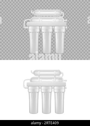 Realistischer Wasserfilter, Umkehrosmose, natürliches Süßwasseraufbereitungssystem, 3D-Vektormodell. Isolierter Wasserfilter im Unterkühlhaus, Reinheit, Mineralfiltration, körnige Aktivkohleblöcke Stock Vektor