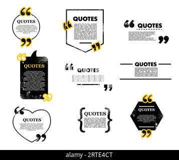 Zitatblase und Kästchen, Chat-Nachricht, Kommentar und Notizen Zitatensymbole. Vektorrahmen für Textnachrichten, leere Vorlagen für Textinformationen. Anführungszeichen, Zitate, kreative Designelemente mit invertierten Kommas Stock Vektor