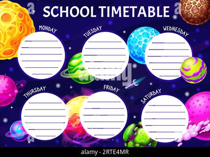 Karikaturgalaxie und Weltraumplaneten Schulfahrplan, Vektorausbildung Wochenplaner. Kinderschule oder Kindergartenplan und Unterrichtszeitplan mit Galaxienraketen-Raumschiff auf Weltraumplaneten Stock Vektor