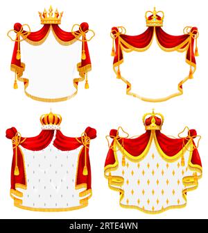 Mittelalterlicher heraldischer königlicher Mantel mit Krone. Wappen der Könige, Wappen des Monarchen oder Vektorsymbol der Heraldik oder königliches Emblem mit Quasten, Pony und Erminefell, goldene Krone mit Edelsteinen Stock Vektor