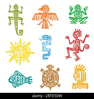 Maya-aztekisches Totem mit isolierten Vektorsymbolen von Tieren und Vögeln. Alte mexikanische Stammesadler, Schlange, Schildkröte und Eidechse, aztekischer Gott, Pyramide, Sonne und Affe, Fisch, Frosch, Rabe mit ethnischem Muster Stock Vektor