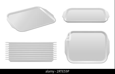 Isolierte Lebensmittel-Kunststoffschale Vektormockup von weißen leeren Fast-Food-Trays mit Griffen. Stapel leerer, realistischer Behälter, Teller oder rechteckiger Teller für Speisen, Kantinen oder Restauranttabletts Stock Vektor