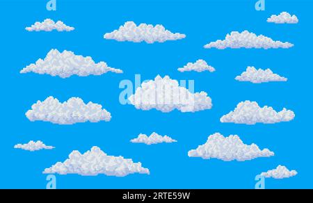 Weiße Pixel flauschige Bläschenwolken am blauen Himmel. 8-Bit-Kunstspiel-ui-Vektordesign von pixelierter Himmel-Wolkenlandschaft mit Minen-Craft-Blocks-Textur, Naturhintergrund des Retro-Arcade-Videospiels Stock Vektor