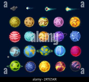 Pixelspiel Weltraumplaneten und -Sterne, Asteroiden und Kometen. Vector 8-Bit-Sonnensystem und Fantasy-Objekte, Retro-Grafik. SCI-fi astronomisch bunte Planeten, Meteore und Sterne in Galaxie isoliert Stock Vektor