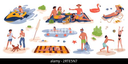 Leute, die im Sommer Strandurlaub machen. Flache Vektorfiguren von Touristen an Land, Mann und Frau, die sich sonnen, Volleyball spielen und am Strand picknicken, schwimmen, tauchen und Jet-Ski fahren Stock Vektor