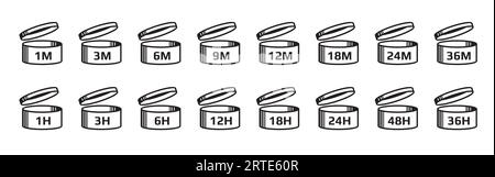 Pao-Symbole. Symbole oder Piktogramme für den Zeitraum nach dem Öffnen des Verfallszeitraums. Vektoretiketten für die Lebensdauer von Kosmetikprodukten, beste Verwendung vor dem Symbol oder Zeichen für die Frische Monate geöffneter Gläser Stock Vektor