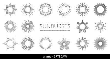 Vektorstarburst, Sonneneruptionen, Sternenhimmel und Sonnenstrahlen bilden die Liniensymbole. Strahlender Glanz von Sternen und Sonnenbrillen mit Sonnenlicht, linearen Sonnenstrahlen und Kreisen aus funkelndem Sonnenlicht Stock Vektor