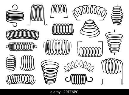 Spiralfedern und -Spulen, flexible Metalldrähte und elastische Stahlfedern, Vektorsymbole. Matratze, Maschinenaufhängungsfedern und Stoßdämpfer, ausgezogen und zusammengedrückt in verschiedenen Formen Stock Vektor