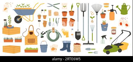 Bauer- und Gartengeräte, landwirtschaftliche Geräte, Vektorsymbole. Gartenschaufel und Rechen mit Gießkanne und Schubkarre, Rasenmäher mit Schere und Spaten oder Gartenschere und Hacke Stock Vektor