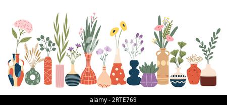 Skandinavische Blumenvasen mit Blumensträußen von Frühlingspflanzen und Blumen. Vektorhyggenvasen, Keramikgefäße, Flaschen, Dosen und Krüge mit abstraktem Muster, trockene Kräuter, Blätter, Hortensien- und Begonieblüten Stock Vektor