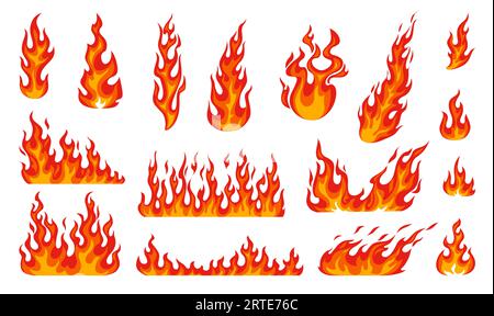 Zeichentrickfeuerflammen, Lagerfeuer und brennende Feuerbälle, Vektorsymbole. Rote heiße Flammen von Lagerfeuer, Brandwand oder brennende Fackelhitze, entzündbare Symbole und brennende Auswirkungen von Höllenbrand Stock Vektor