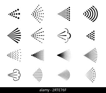 Sprühsymbole von Wassersprühgerät oder Aerosoldüse, Vektorliniensymbole. Sprühnebelstrahl-Piktogramme für Desinfektionsmittel-Diffusor oder Zerstäuber, Antiseptika-Pulverisierer und Deodorant-Sprühen Stock Vektor