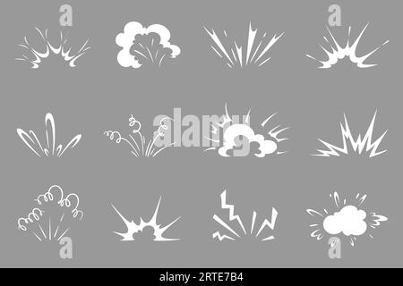 Cartoon-Bombenexplosion, Comic-Wolken aus Rauch und Feuer. Vektorexplosionseffekte, Explosion, Boom, Bang und Burst Comics Buch Wolken des Kriegs Kampf, explodiertes Dynamit, Atombombe oder Raketenstart Stock Vektor