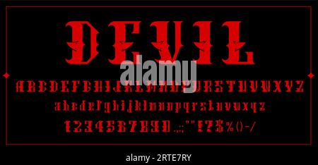 Teufelsschrift, Dämonenschrift oder blutige rote böse Buchstaben, Vektor-Horror-Alphabet-Typografie. Gotische Schriftart mit Teufelshörnern, Hell-Film-Thriller-Schrift oder dämonischer Spielskripttyp Stock Vektor