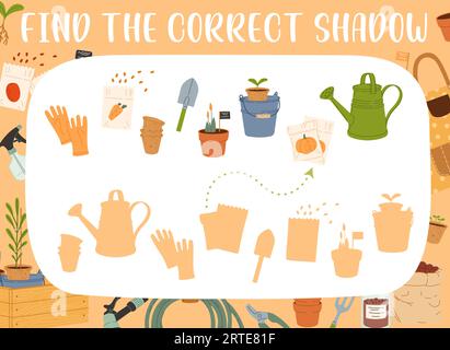 Finden Sie den richtigen Schatten von Farmen- und Gartengeräten. Kinderspiel- oder Puzzlevektorarbeitsblatt der Bildungsaktivität mit landwirtschaftlicher Ausrüstung. Passendes Rätsel mit Cartoon-Gartenpflanze, Blumentopf und Setzlingen Stock Vektor