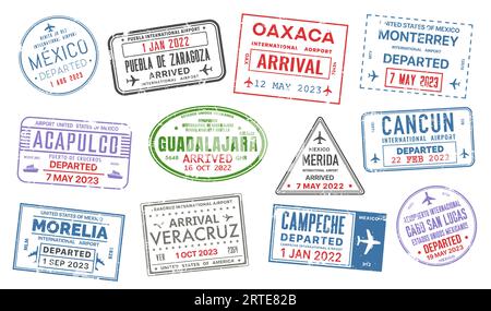 Reisepassmarken des mexikanischen Landes. Reisevisum des mexikanischen internationalen Flughafens Vektor-Set. Isolierte Grunge-Stempel von Abflug und Ankunft mit bunten Rahmen, Flugzeugen, Flugzeugen und Schiffen Stock Vektor