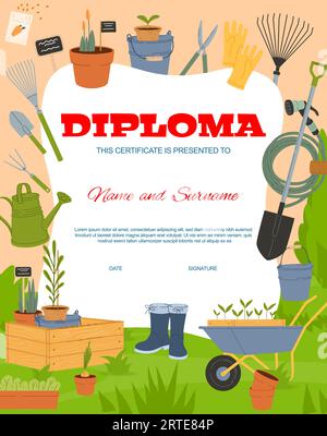 Kinderdiplom, Farming and Gardening Tools Vector Certificate of School, Vorschule oder Kindergarten Education. Kinderabitur im Rahmen von Zeichentrickbäuerausrüstung, Pflanzen, Schaufel und Stiefeln Stock Vektor