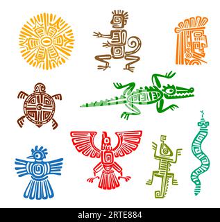 Maya aztec Totems von alten mexikanischen Adlervogel, Affe, Schlange und Inka-Gott-Vektorsymbolen. Isolierte Stammessonne, Schildkröte, Chamäleon-Eidechse, Krokodil und Krähe mit farblich-ethnischen Mustern der Maya Stock Vektor