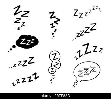 ZZZ, zzzz Bett Schlaf Schnarchen Symbole mit Vektor Doodle Cloud Bubbles. Isolierte Anzeichen von Schlaf, Nickerchen, Ruhe, Entspannung, Traum Soundeffekte von Schlaf. Apnoe oder schnarchende Comic-Sprechballons, Onomatopoe Stock Vektor