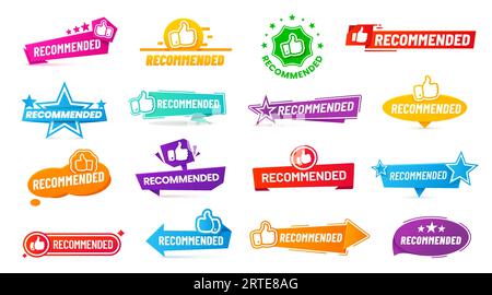 Empfehlen Sie Etiketten, Aufkleber und Tags. Vektor-Daumenaufkleber und Sternenabzeichen in bester Qualität mit farbigen Bannern aus Origami-Papier, Bändern, Pfeilen und Sprechblasen für eine anerkannte Qualitätsgarantie Stock Vektor