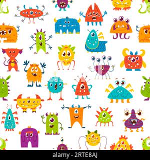 Das nahtlose Muster der Monster-Charaktere. Lustige Halloween-Monster und niedliche außerirdische Kreaturen Vektor-Hintergrund mit bunten Tieren mit glücklichen lächelnden Gesichtern, Zähnen, verrückten Augen, Flügeln und Hörnern Stock Vektor