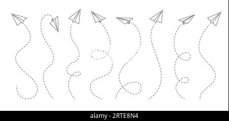 Papierflugzeugleitungen. Vector Hand gezeichnete Umrisspapierflugzeuge und Flugzeuge mit gestrichelten Linien von Flugroutenpfaden. Isolierte Origami-Flugzeuge, fliegende Segelflugzeuge mit gefalteten Papierflügeln und Kondensstreifen Stock Vektor