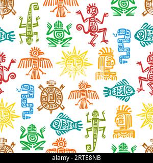 Maya, Aztec Totems nahtlose Muster Hintergrund, Vektor mexikanische Stammessymbole. Maya- oder Mexiko-Inka-Stamm-Totemzeichen von Tieren und Sonne, ethnische aztekische oder Maya-Muster von Fischen, Eidechsen, Schildkröten und Schlangen Stock Vektor