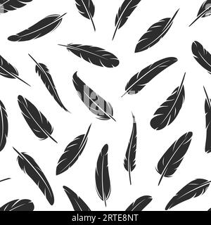 Nahtloses Muster aus schwarzen Federn. Stacheln aus schwarzem Gänse- oder Schwanenvogelgefieder-Vektor-Hintergrund. Tierdruck mit Federsilhouetten für Naturkulissen oder Modetextilien, Literatur und Poesie Stock Vektor