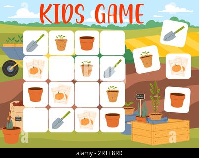 Sudoku-Kinder spielen mit Farmer- und Gartengeräten. Zeichentrickblock-Puzzle- oder Rätsel-Vektor-Arbeitsblatt. Bildung sudoku mit Pflanzensämlingen, Blumentöpfen, Schaufeln und Samen, Schubkarre und Kisten Stock Vektor