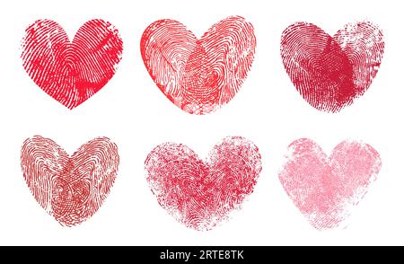 Fingerprint-Herzen. Rote Drucke von Vektor-Daumenfinger, Liebe und Romantik Konzept. Hochzeitseinladung, Hochzeitstag oder Valentinskarte mit isolierten doppelten Fingerabdrücken in Herzform Stock Vektor