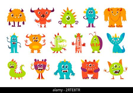 Comic lustige Monster Charaktere. Vektor Halloween Außerirdische, gruselige Tiere, Insekten und Bestien. Niedliche Monsterwesen mit fröhlich lächelnden Gesichtern, lustigen bunten Yeti-, Troll-, Mutanten- und Oger-Figuren Stock Vektor