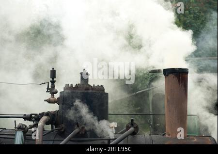 Dampf steigt aus einer Lokomotive auf dem Mount Snowdon in Wales, England; Wales, Großbritannien Stockfoto