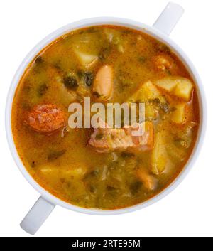 Galicischer Topf, dicke heiße Suppe aus verschiedenen Fleisch- und Gemüsesorten. Stockfoto